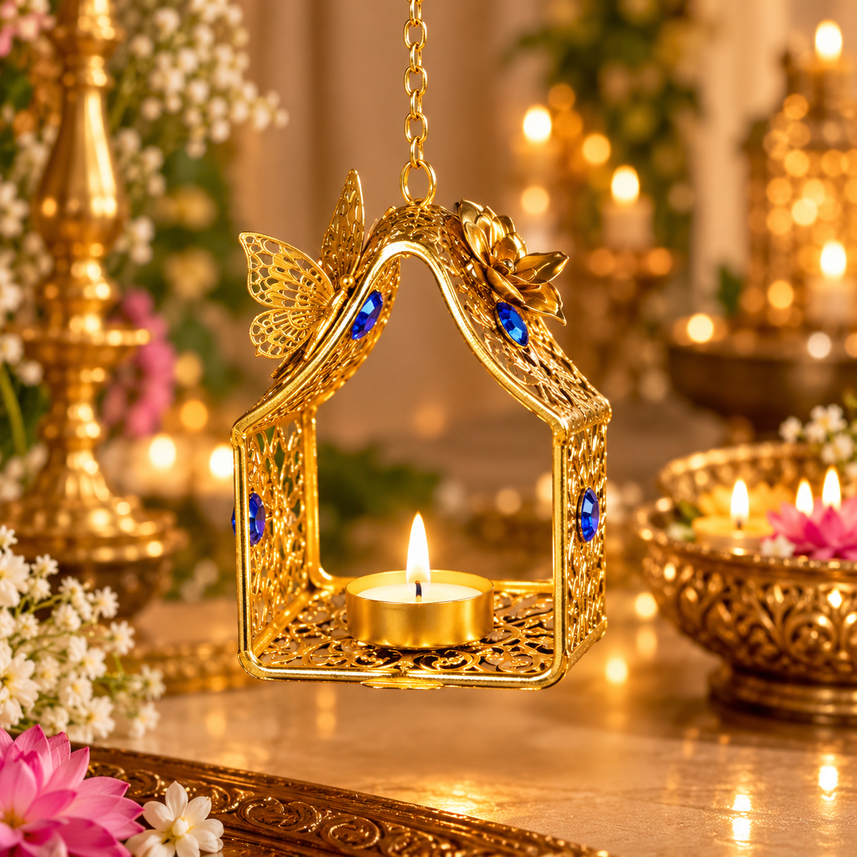 FireStix Royal Gold Hanging Tealight Holder with Blue Stones