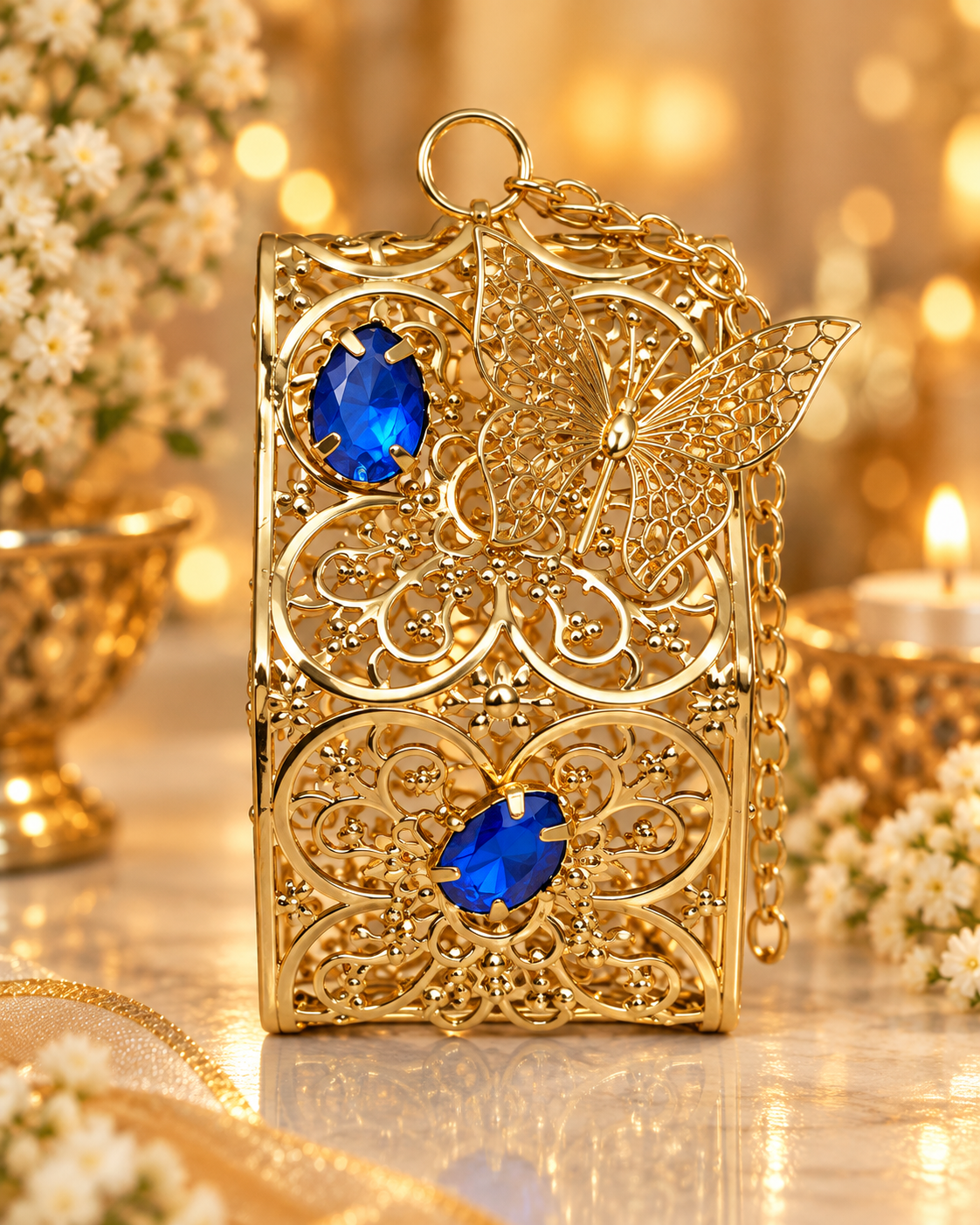 FireStix Royal Gold Hanging Tealight Holder with Blue Stones