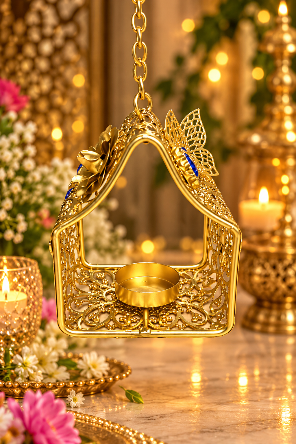 FireStix Royal Gold Hanging Tealight Holder with Blue Stones