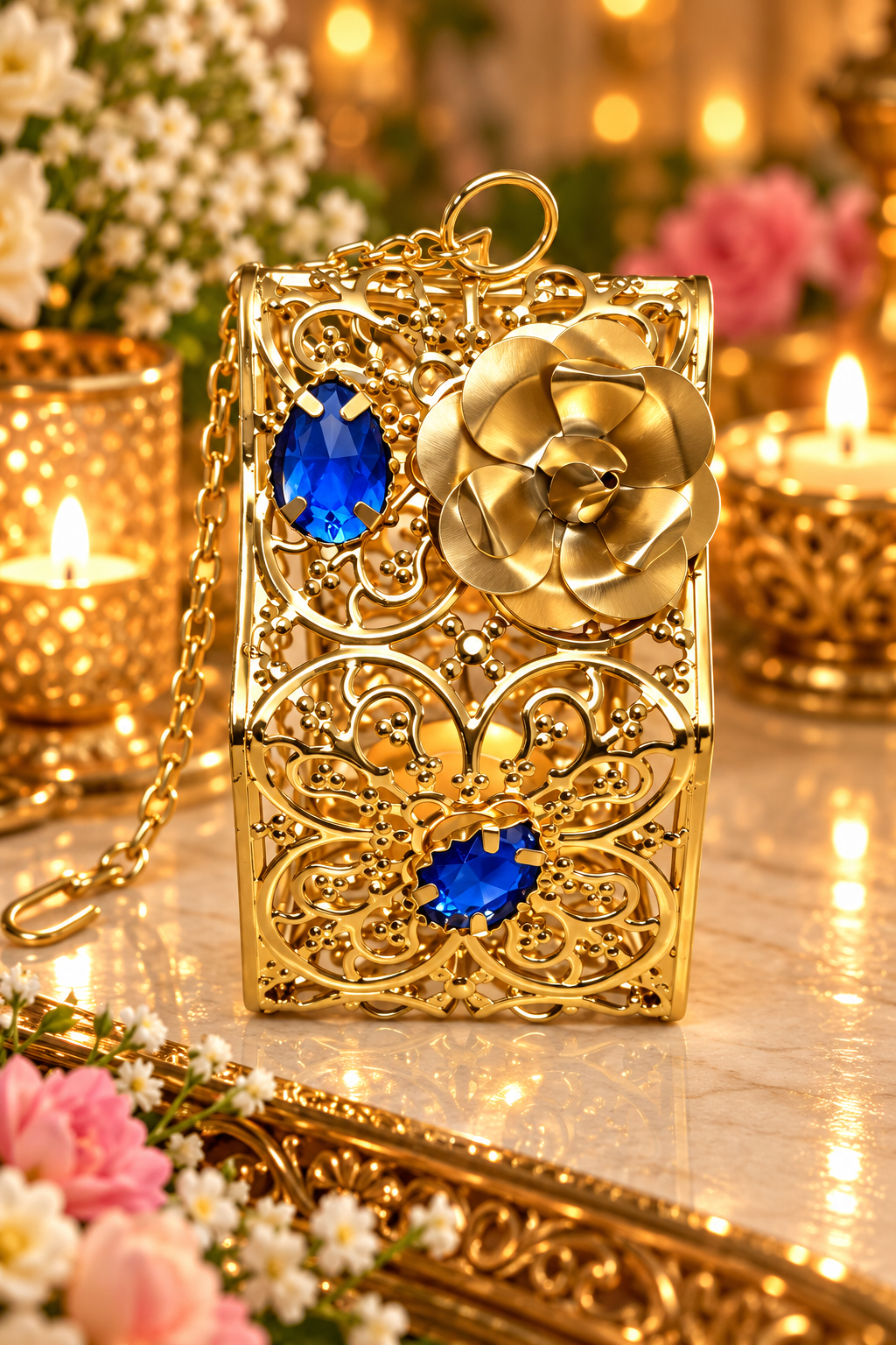 FireStix Royal Gold Hanging Tealight Holder with Blue Stones