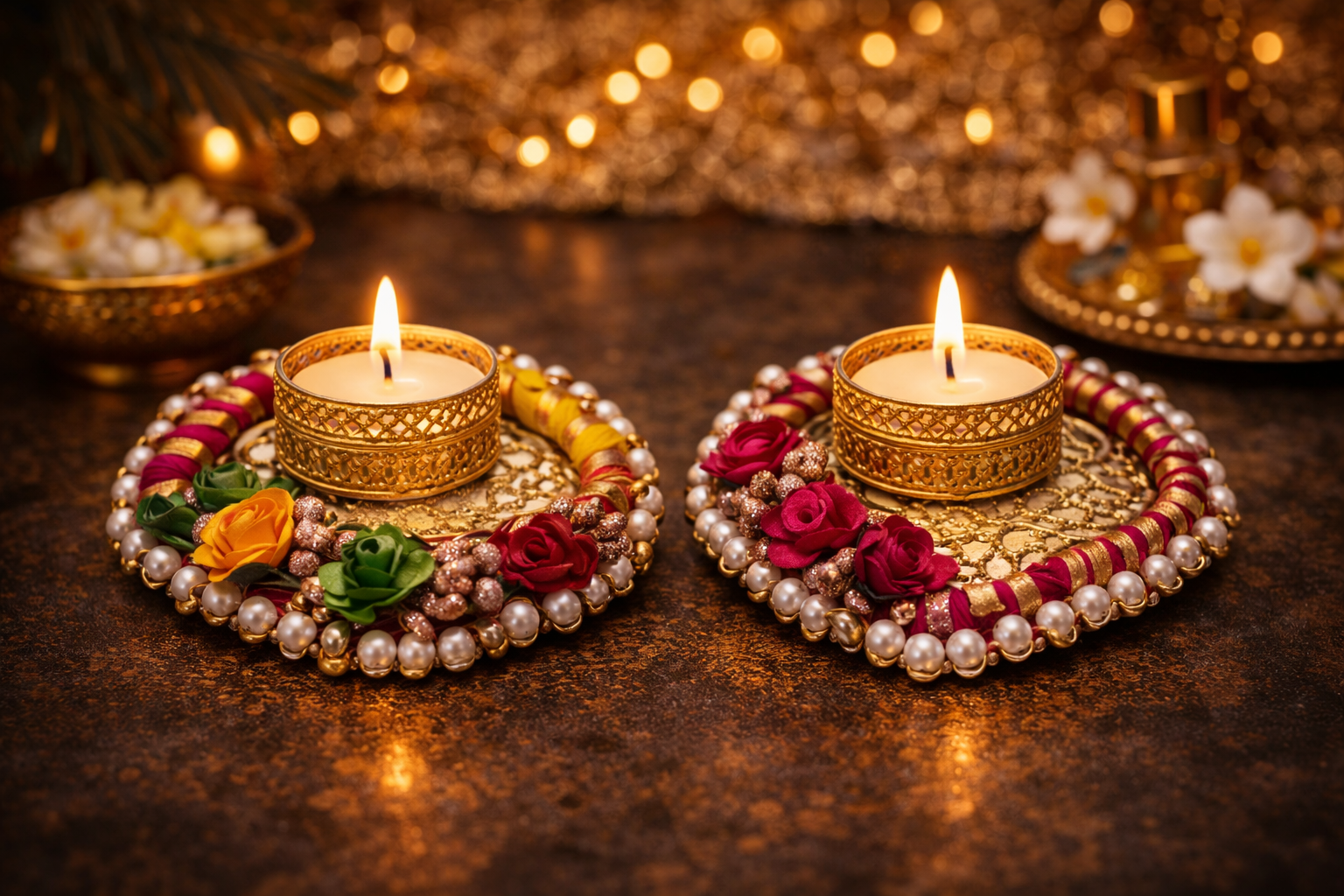 Tricolour floral beaded square Tealight Holder