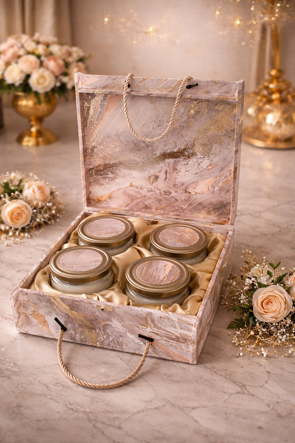 FireStix Zenith Marble Gold Candle Hamper – Set of 4  soy wax glass jar candles