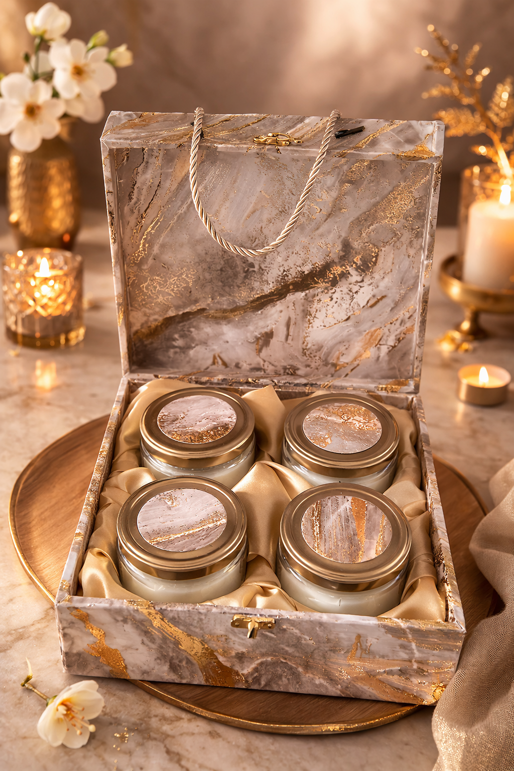 FireStix Zenith Marble Gold Candle Hamper – Set of 4  soy wax glass jar candles