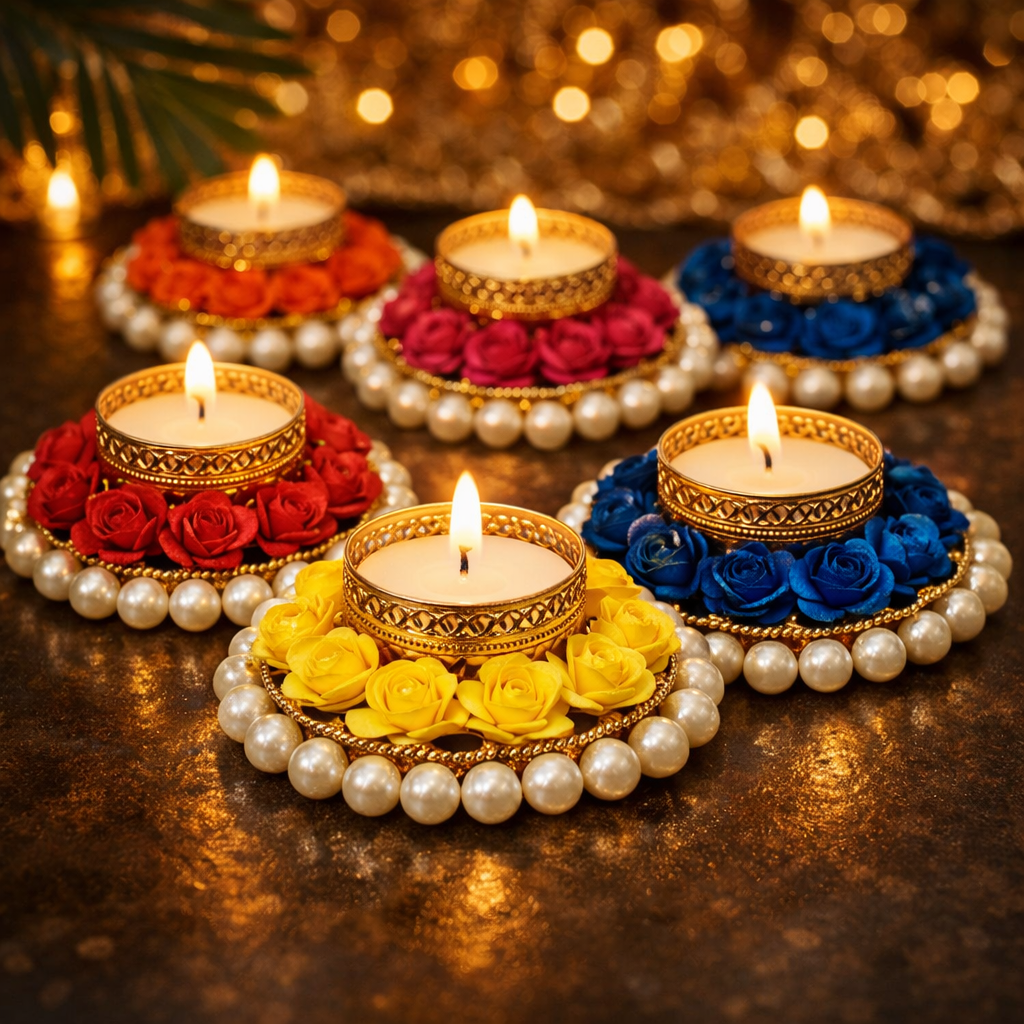 Circular floral beaded Tealight holder. (pack of 1)