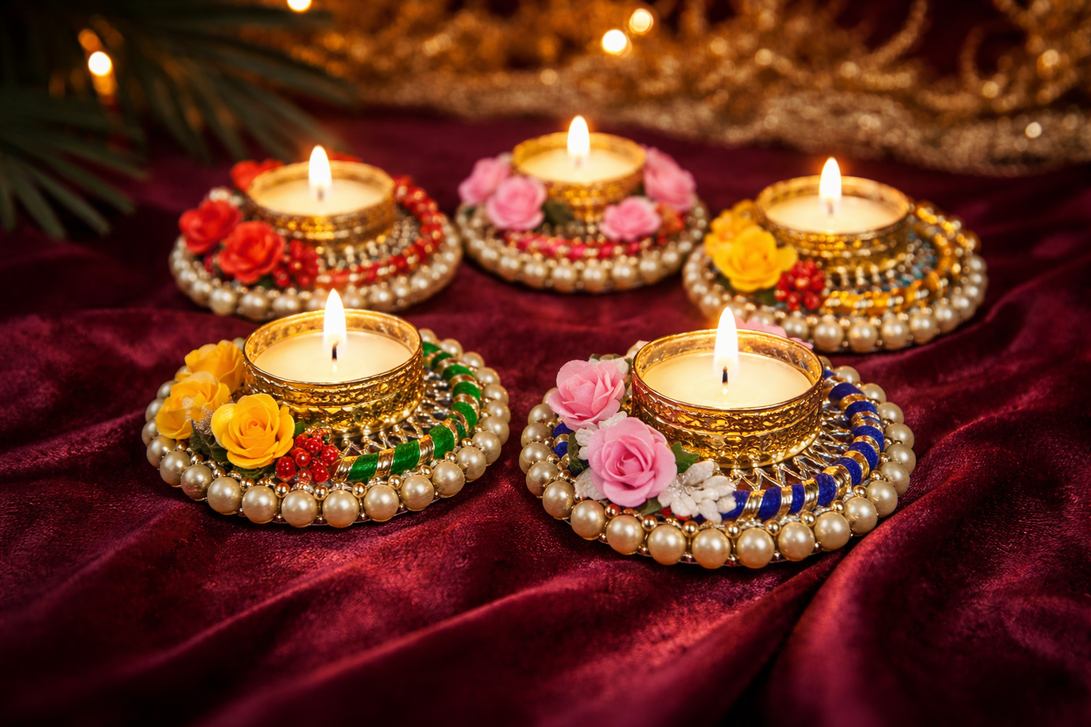 Tricolour floral beaded Tealight Holder