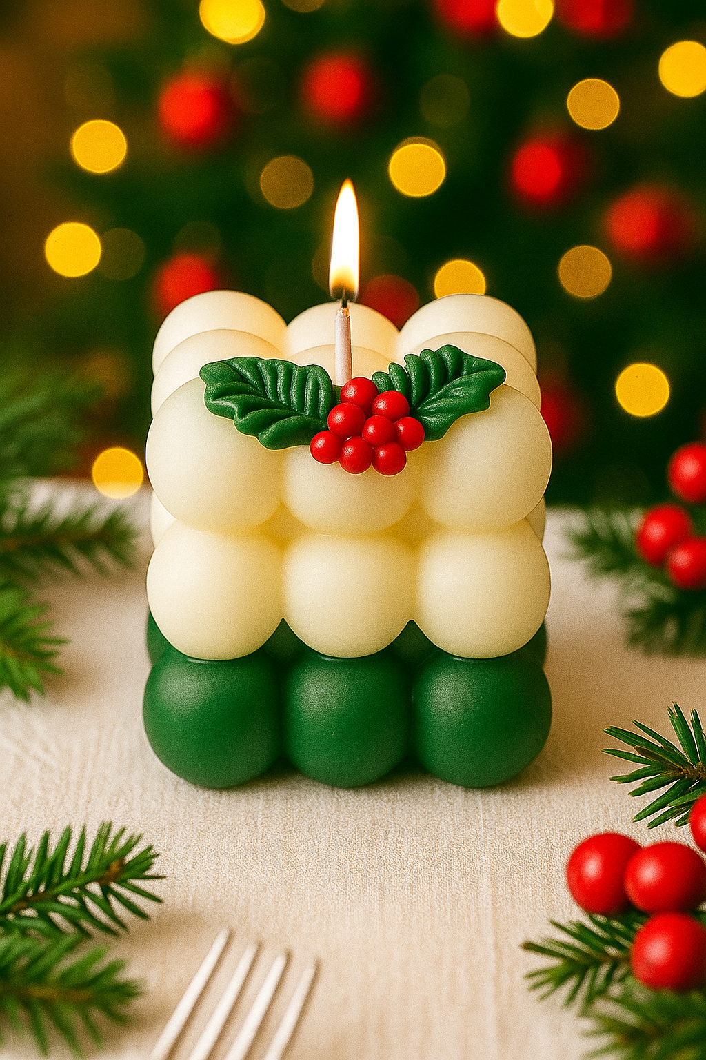 White & Green Christmas Ball Cube Candle
