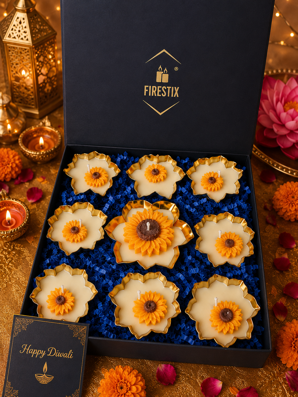 Firestix Luxury Sunflower Metal Urli Candle Gift Hamper – Set of 9