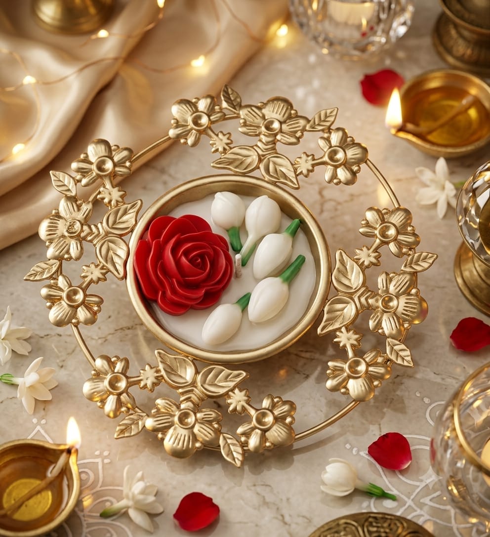 Premium Floral Metal Urli Candle with Rose & Jasmine  Flowers