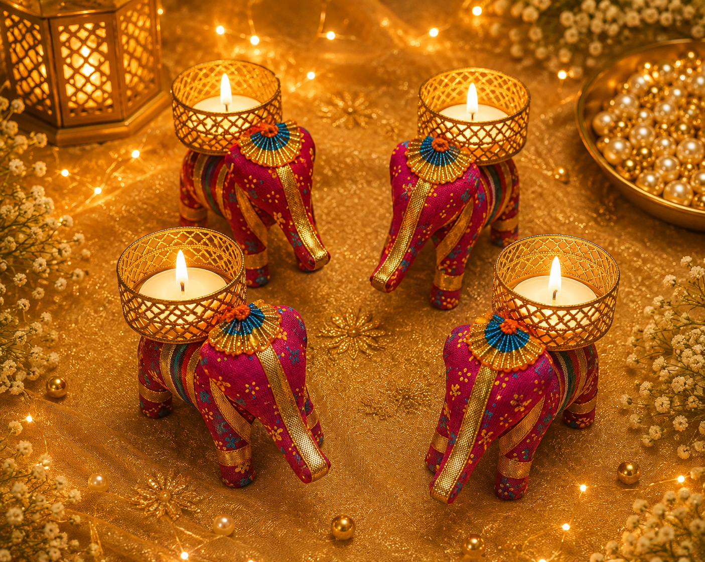 FireStix Royal Elephant Tealight Candle Holders – Set of 4 | Handcrafted Festive Decor