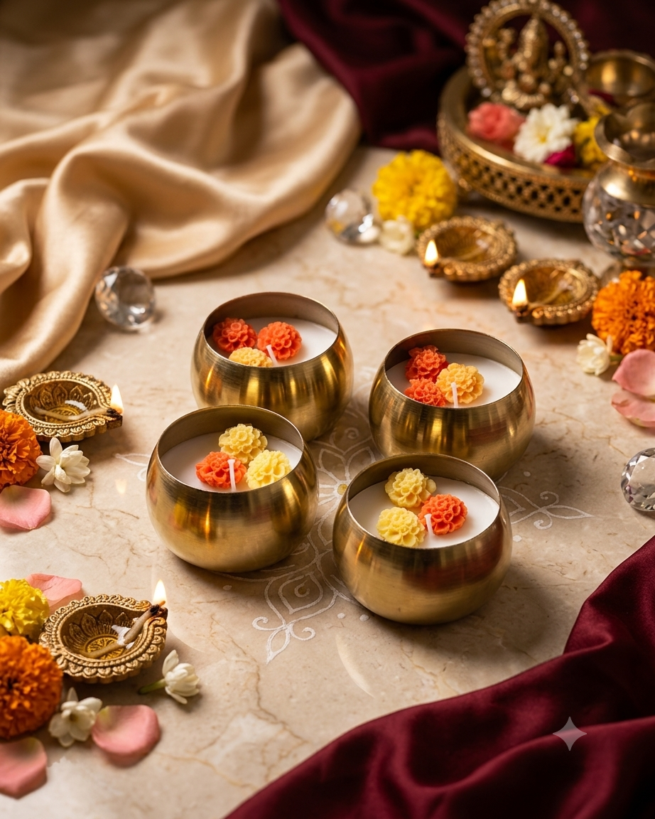 Firestix Premium Gold Urli Floral Candle Gift Hamper -Set of 4