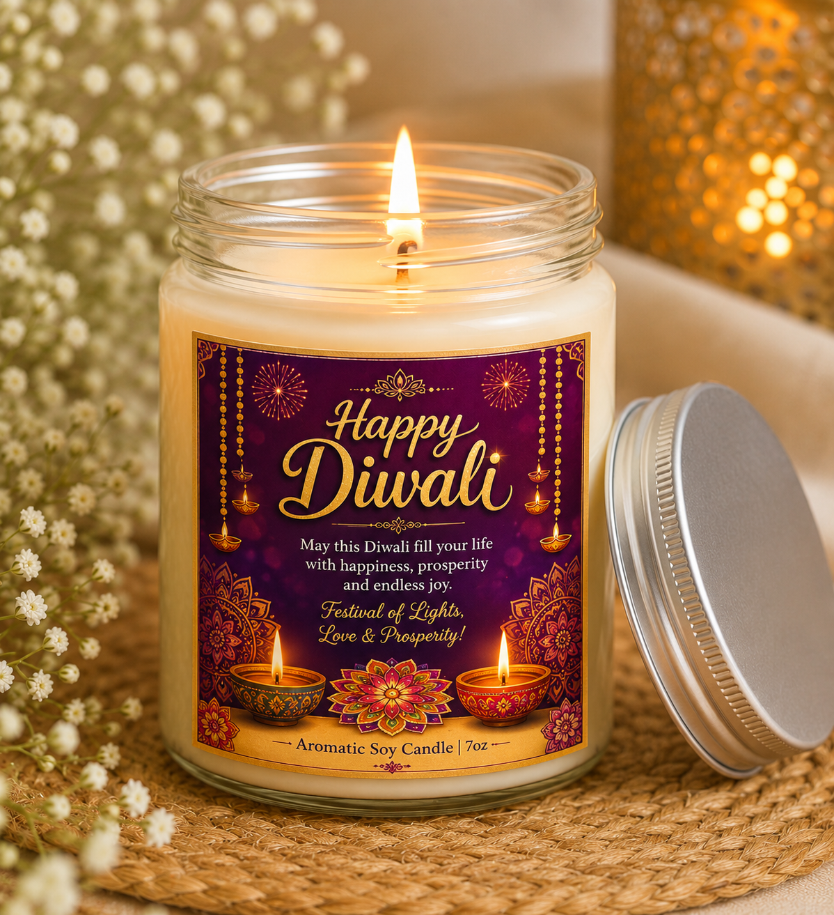 FireStix  Diwali Scented Soy Wax Candle – Premium Glass Jar Gift with Silver Lid