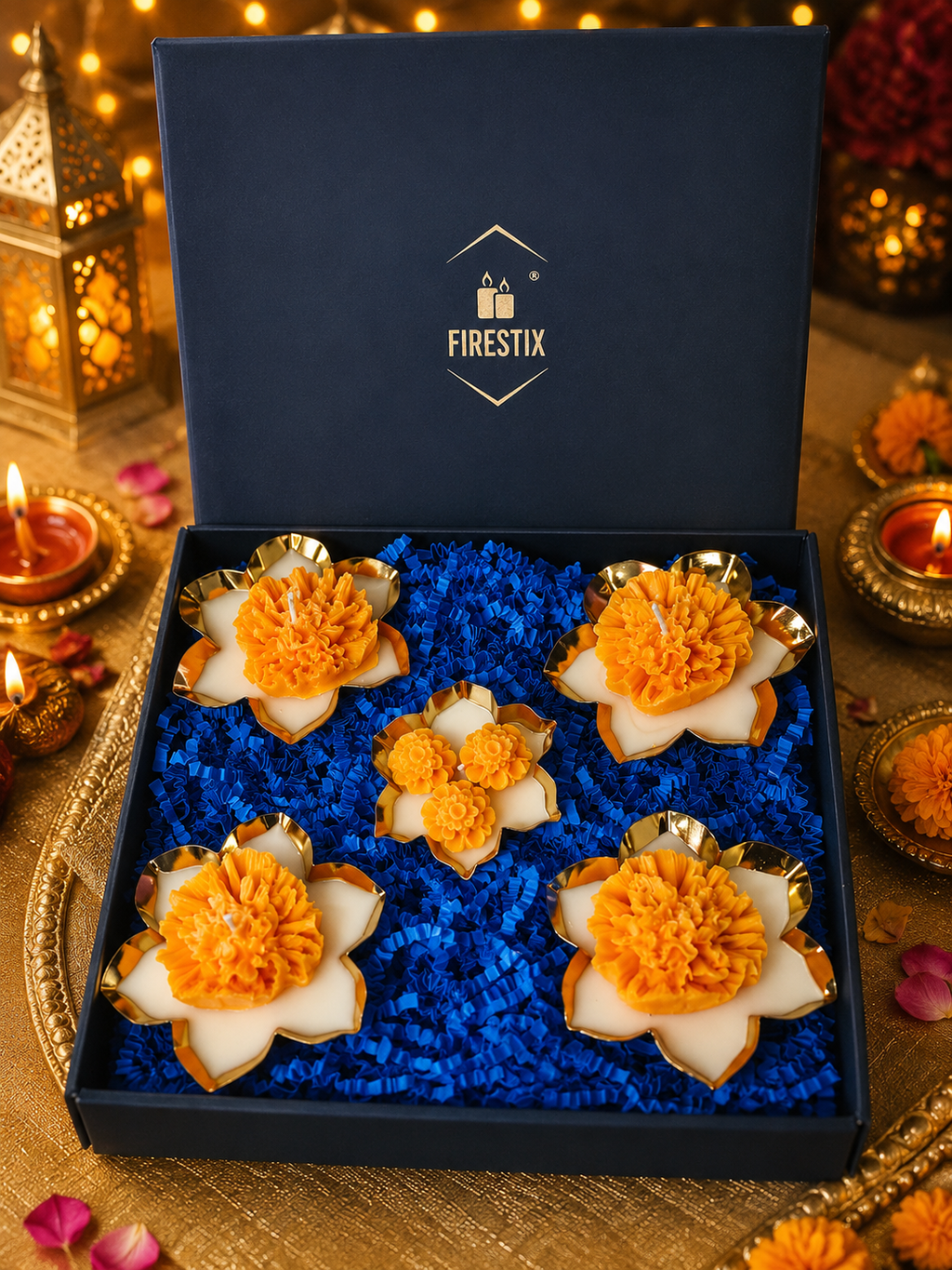 Firestix Luxury Marigold Metal Urli Candle Gift Hamper – Set of 5