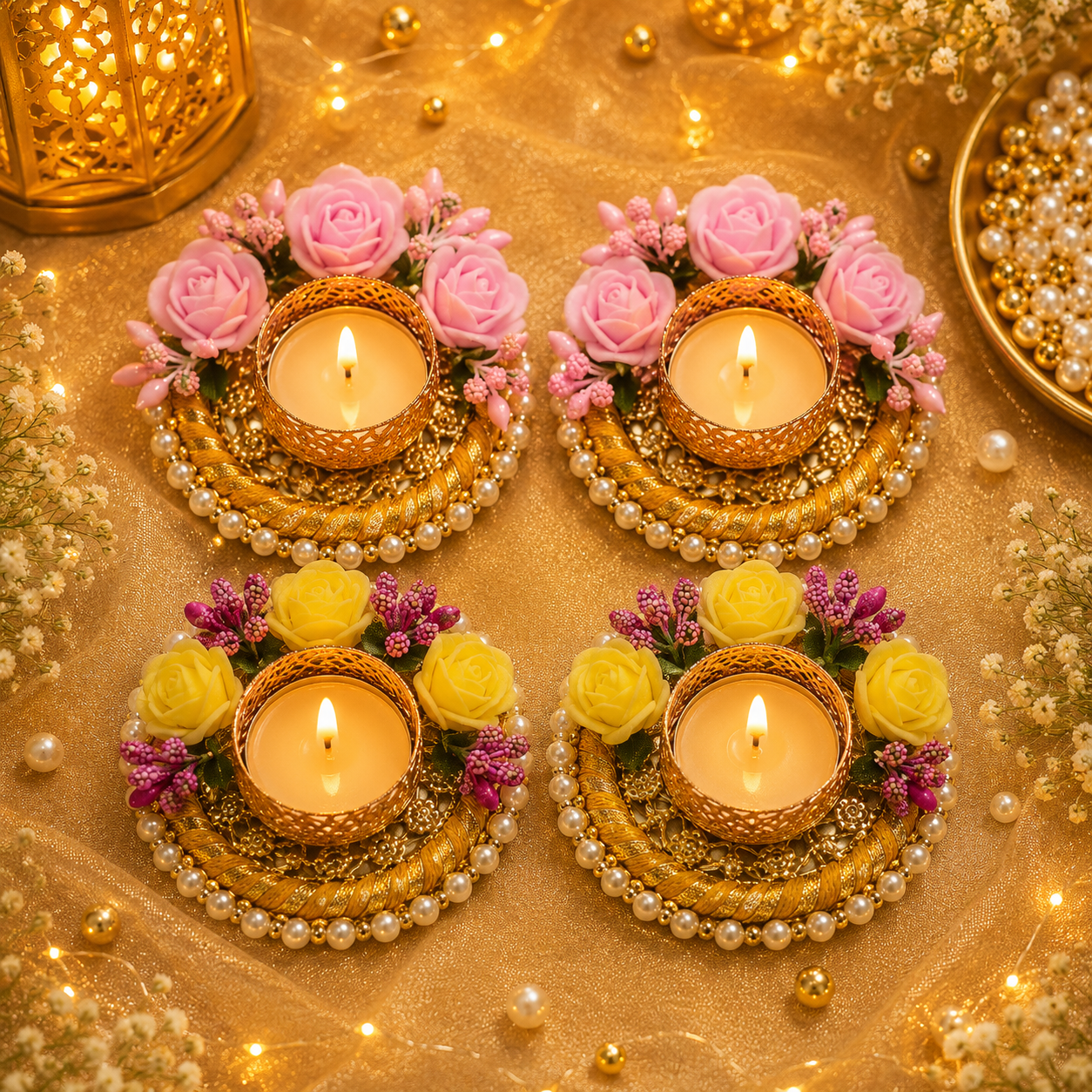 Tricolour floral beaded Tealight Holder(pack of 4)