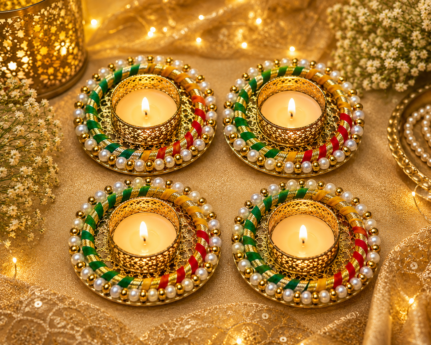 Tricolour Ribbon with beaded Tealight Holder(pack of 4)