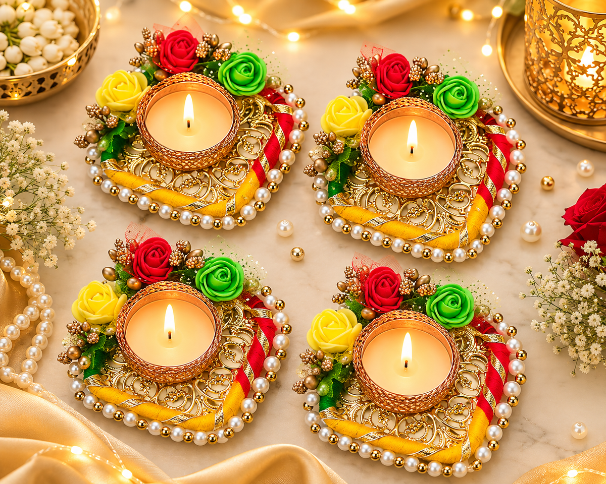 Tricolour floral beaded square Tealight Holder(pack of 4)