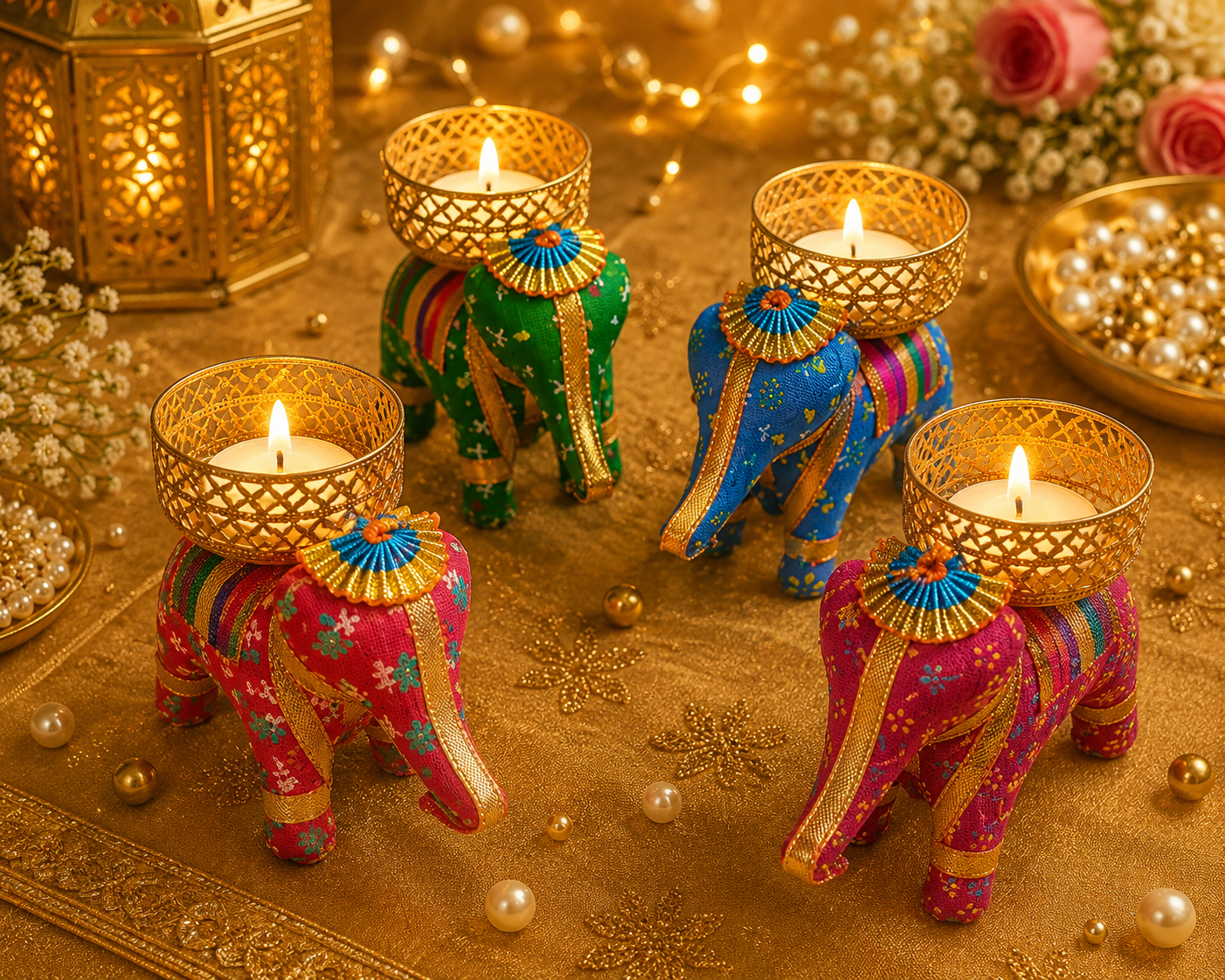 FireStix Royal Elephant Tealight Candle Holders – Set of 4 | Handcrafted Festive Decor