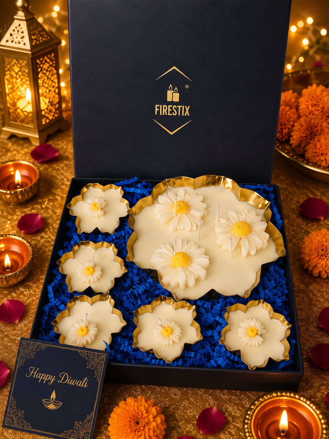 Firestix Luxury Daisy Gold Metal Urli Candle Gift Hamper – Set of 6