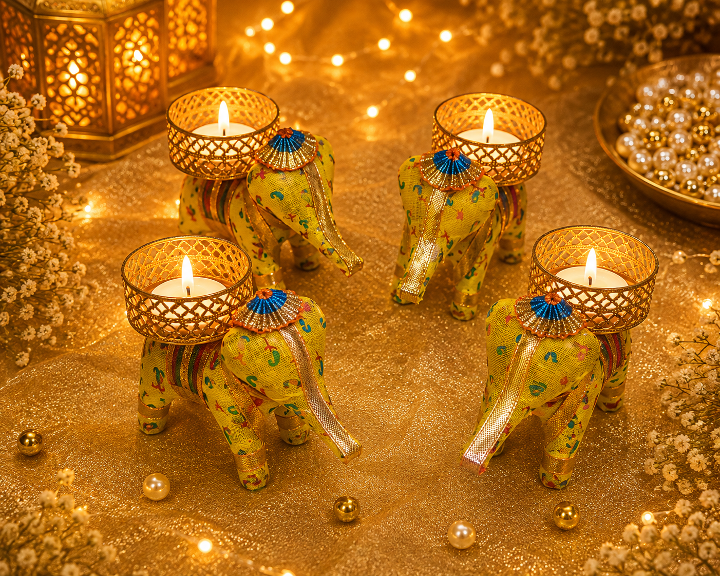 FireStix Royal Elephant Tealight Candle Holders – Set of 4 | Handcrafted Festive Decor