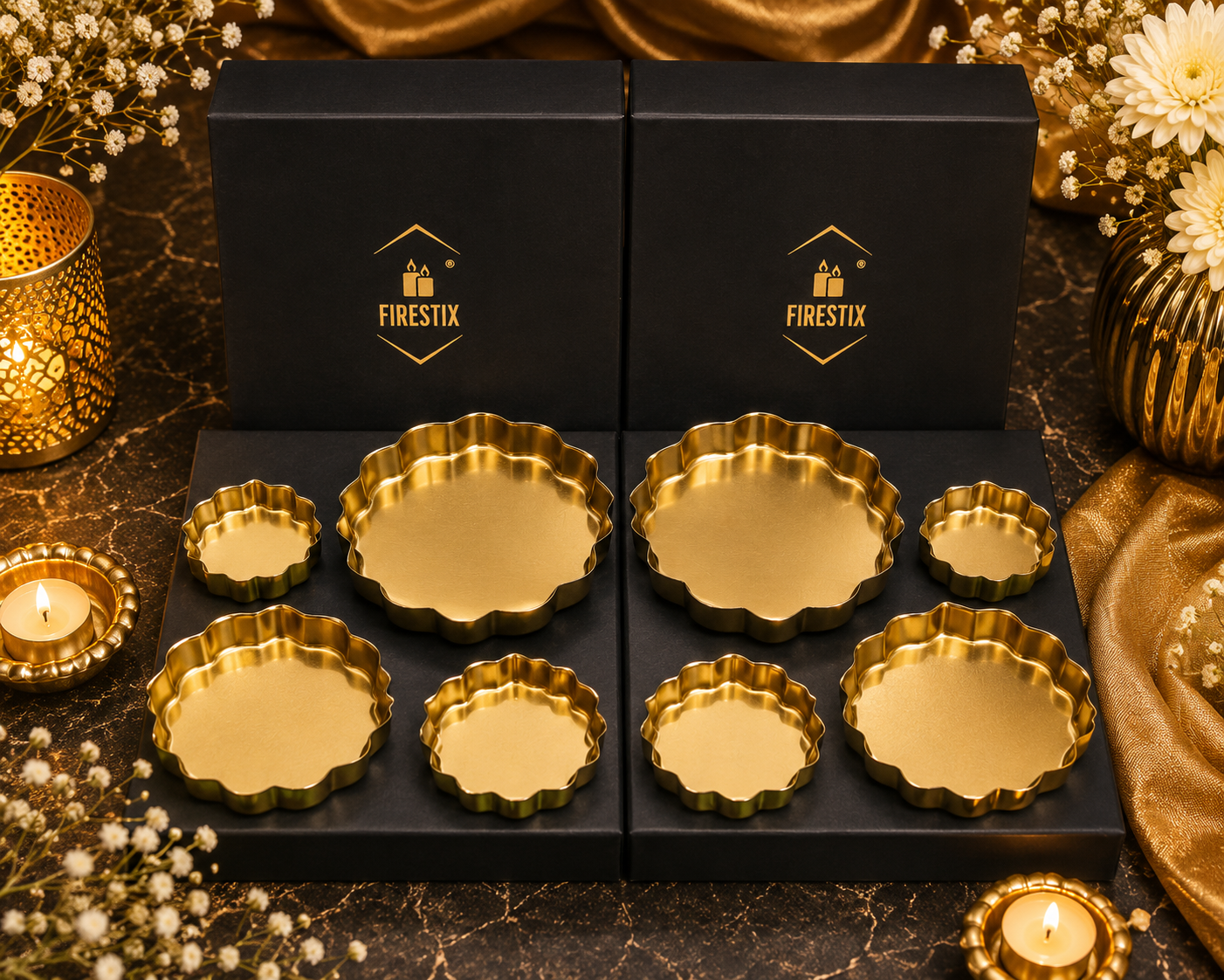 Gold plated Flat  lotus metal urli (set of 4*pack of 2)