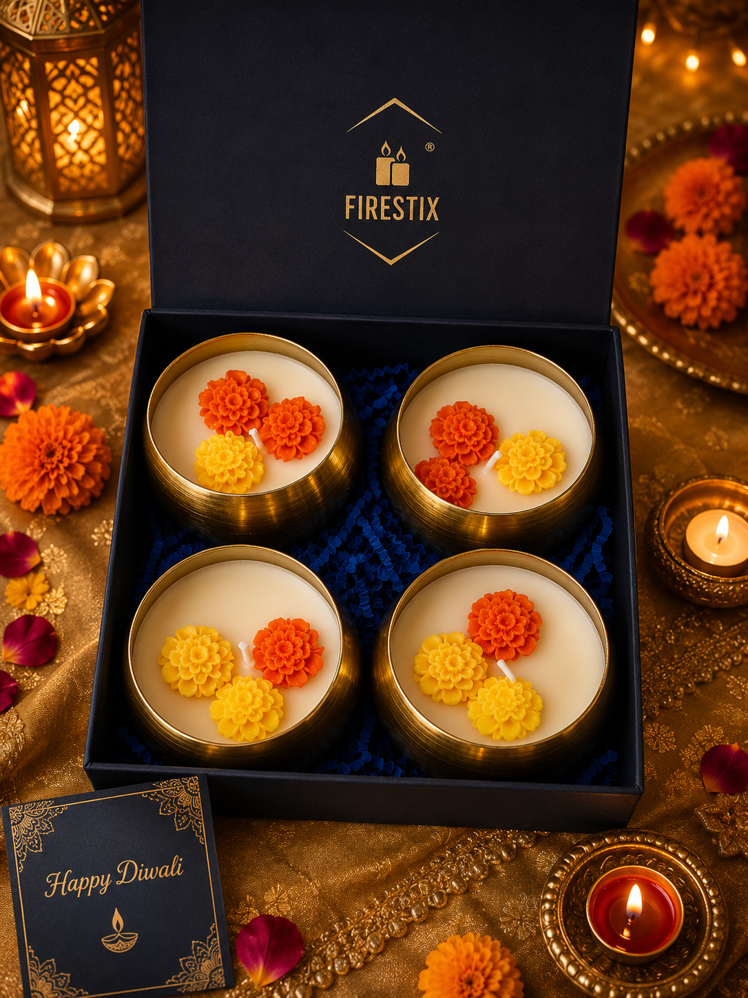 Firestix Premium Gold Urli Floral Candle Gift Hamper -Set of 4