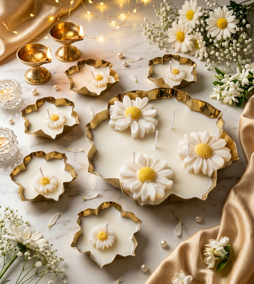Firestix Luxury Daisy Gold Metal Urli Candle Gift Hamper – Set of 6