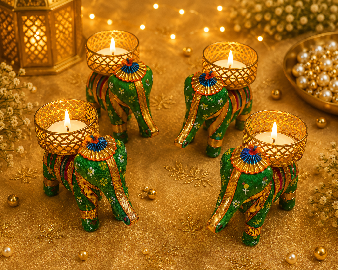 FireStix Royal Elephant Tealight Candle Holders – Set of 4 | Handcrafted Festive Decor