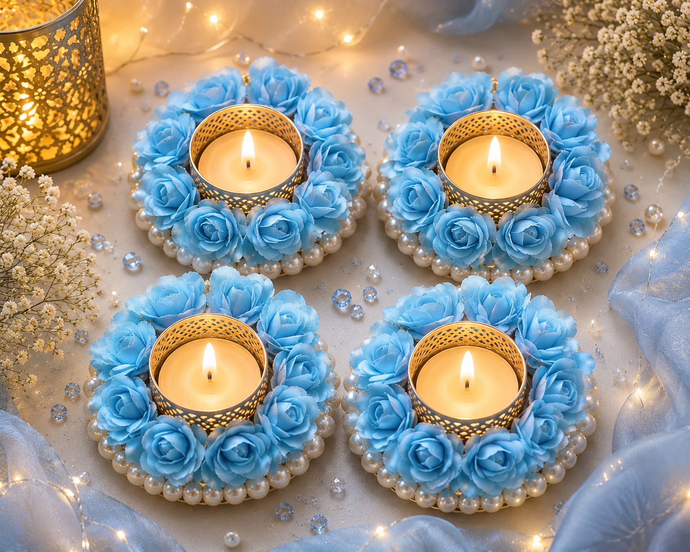 Circular floral beaded Tealight holder. (pack of 4)