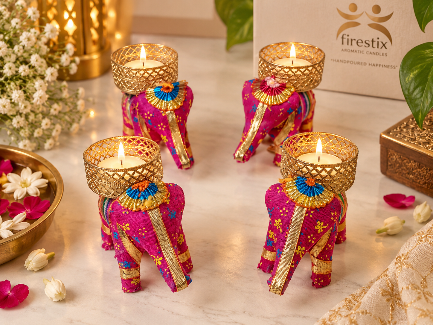 FireStix Royal Elephant Tealight Candle Holders – Set of 4 | Handcrafted Festive Decor