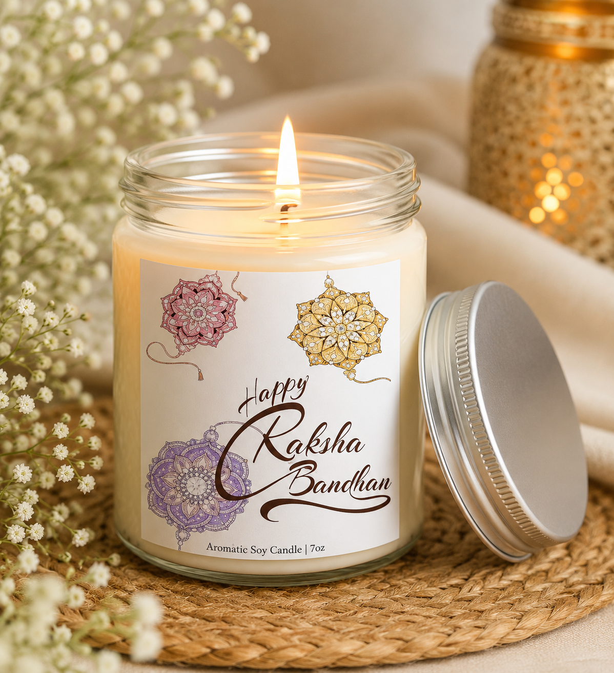 FireStix Happy Raksha Bandhan Scented Soy Wax Candle – Premium Glass Jar Gift with Silver Lid