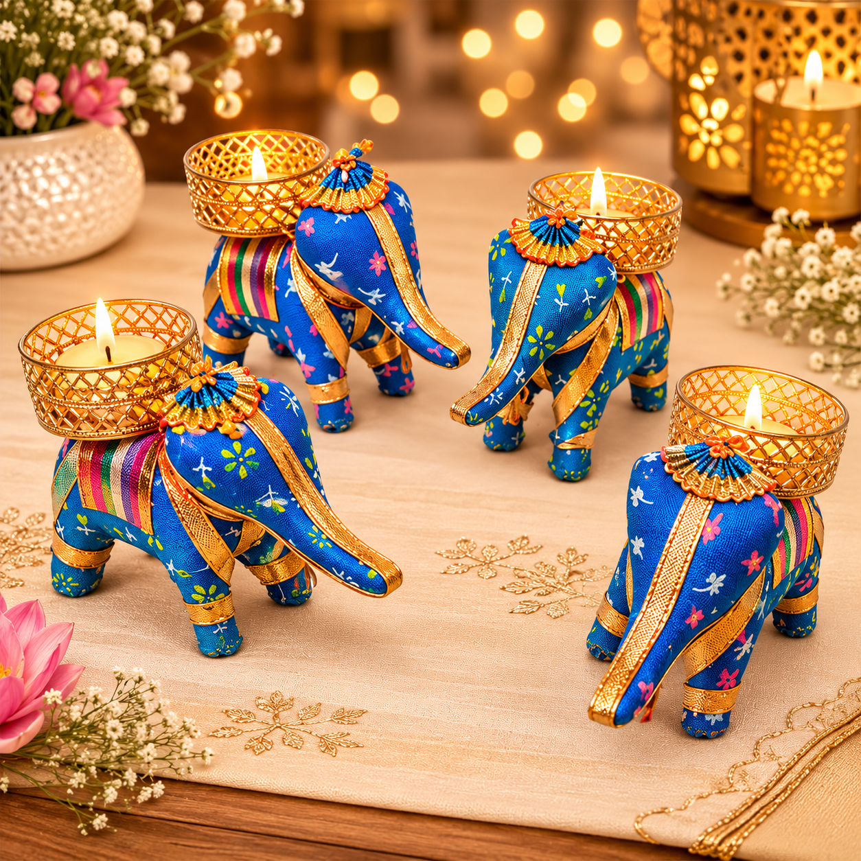 FireStix Royal Elephant Tealight Candle Holders – Set of 4 | Handcrafted Festive Decor