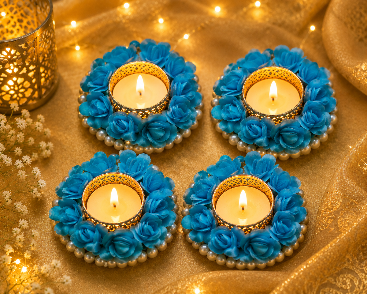 Circular floral beaded Tealight holder. (pack of 4)