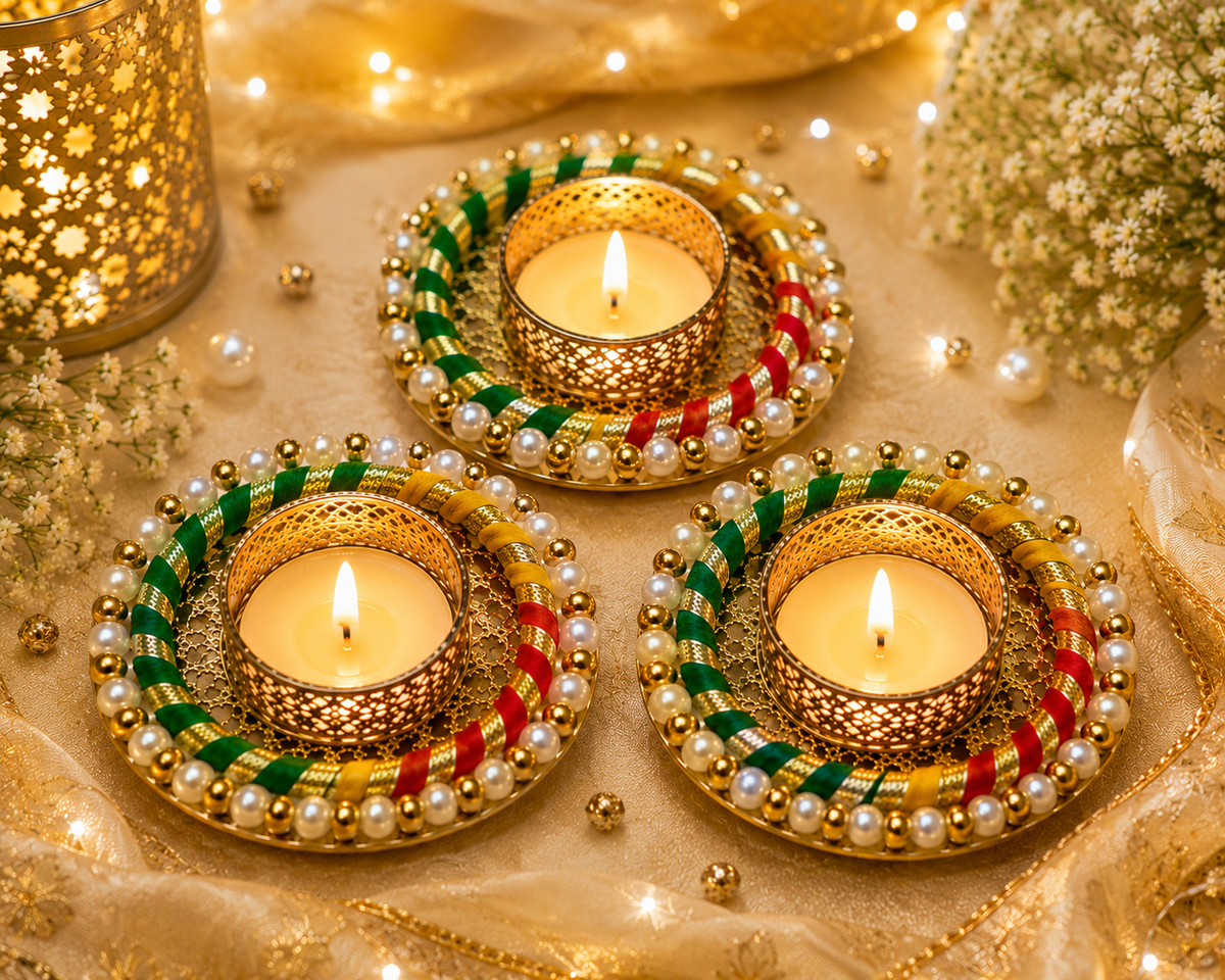 Tricolour Ribbon with beaded Tealight Holder(pack of 4)