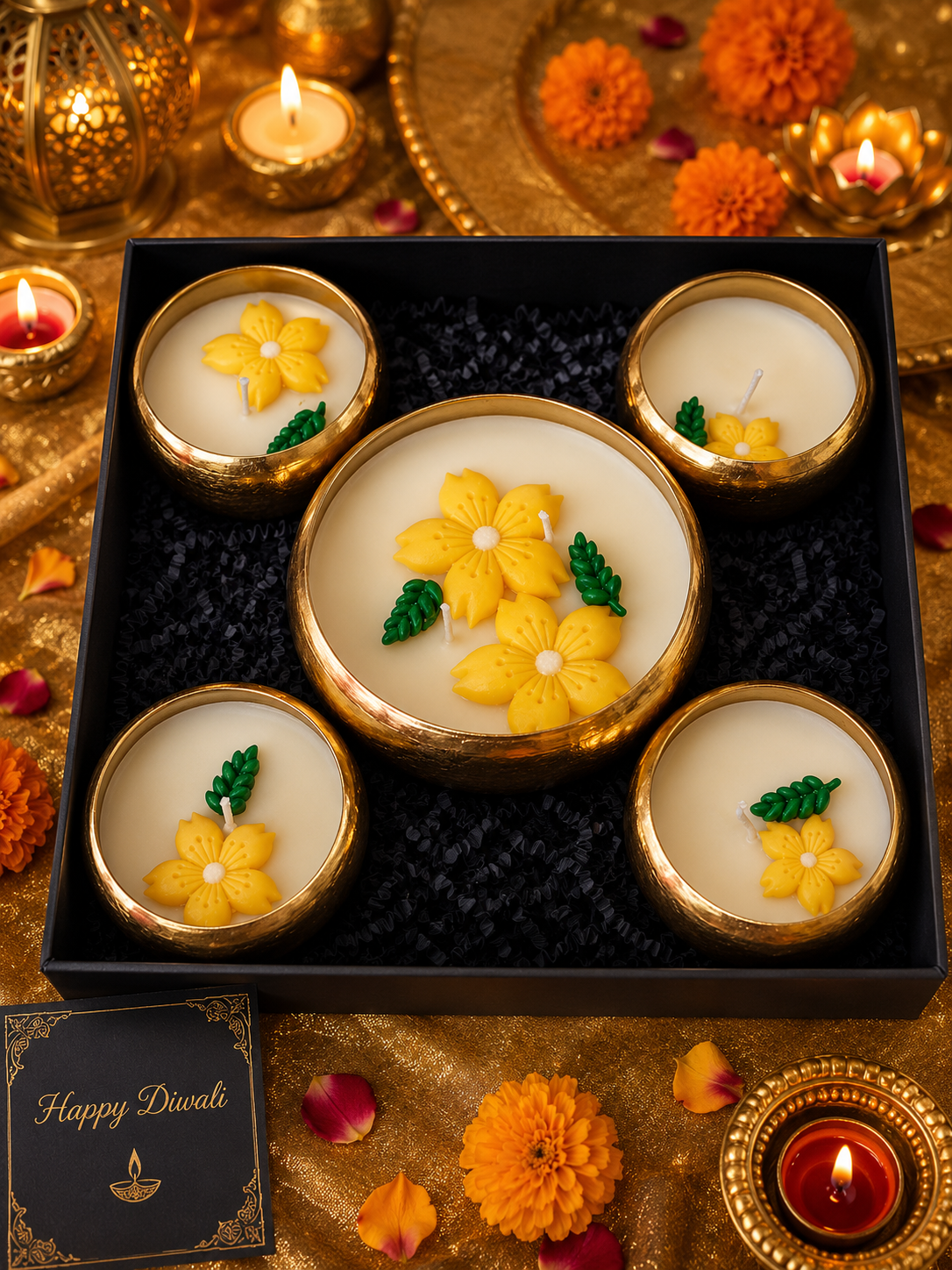FireStix Premium Gold Urli Blossom Candle Gift Hamper – Set of 5