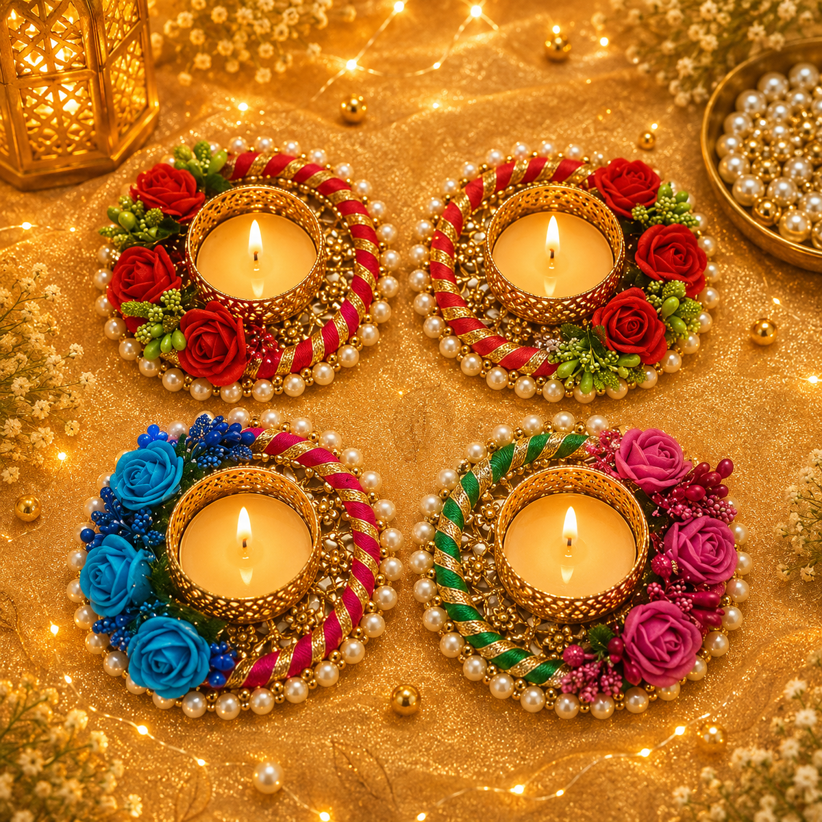 Tricolour floral beaded Tealight Holder(pack of 4)