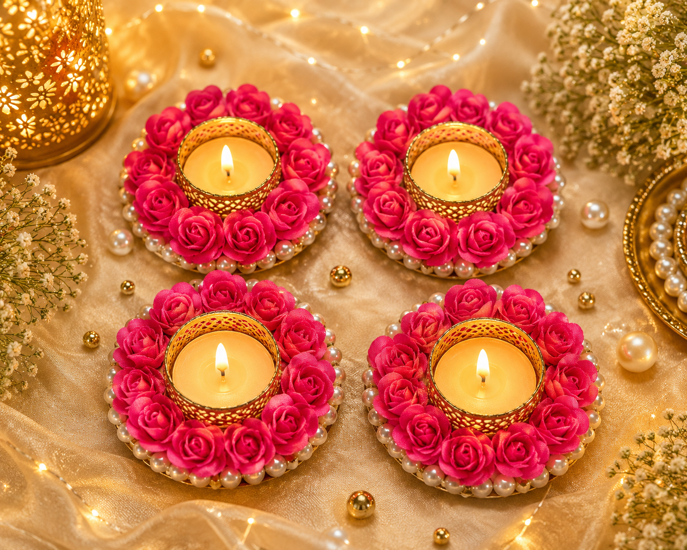 Circular floral beaded Tealight holder. (pack of 4)