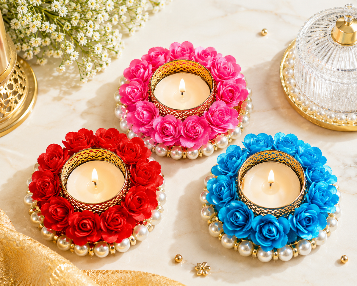 Circular floral beaded Tealight holder. (pack of 4)