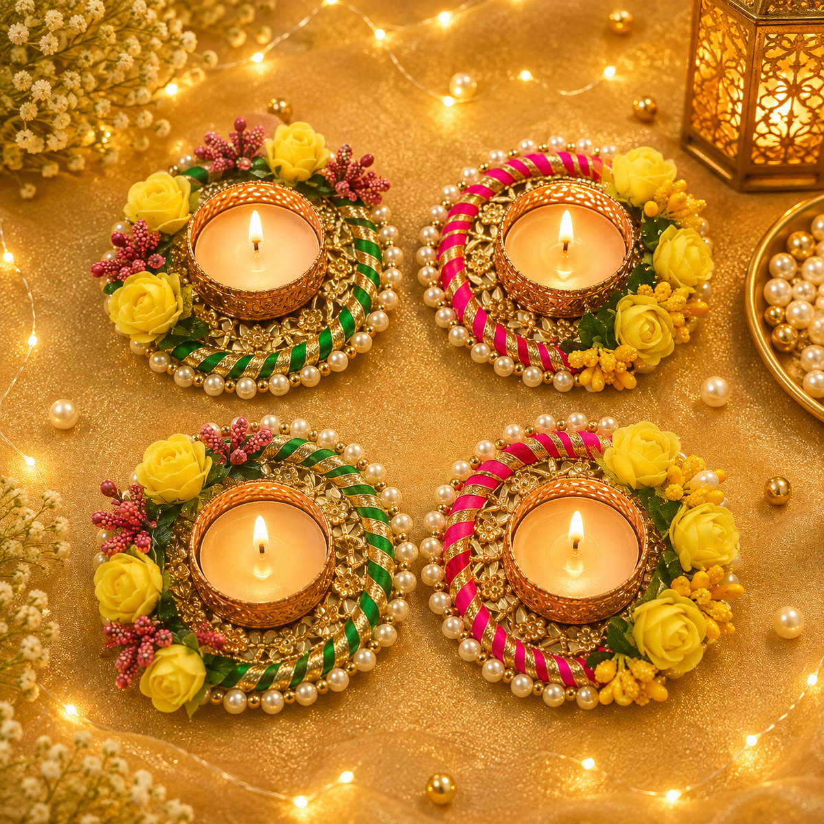 Tricolour floral beaded Tealight Holder(pack of 4)