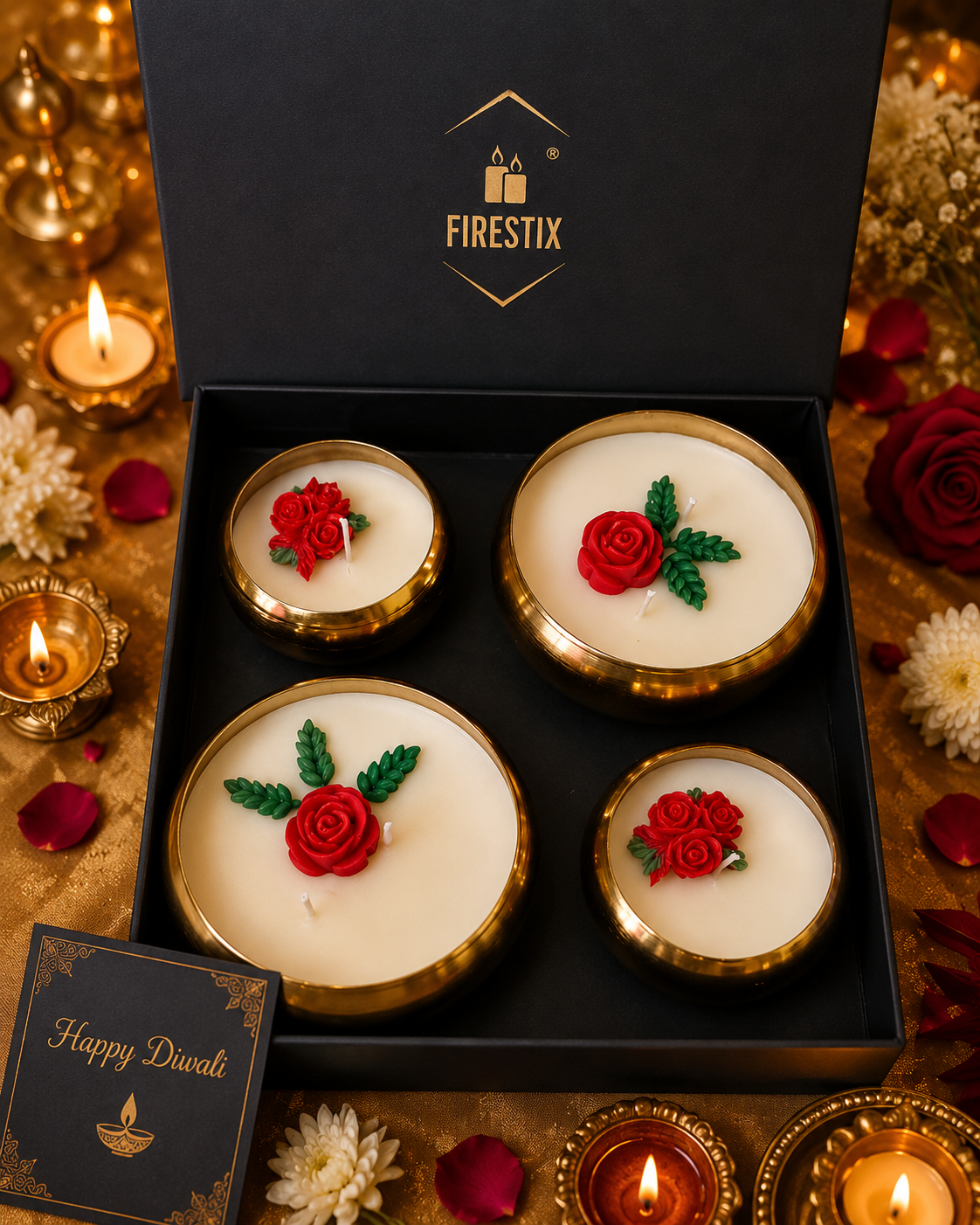 Firestix Premium Gold Urli Rose Candle Gift Hamper -Set of 4